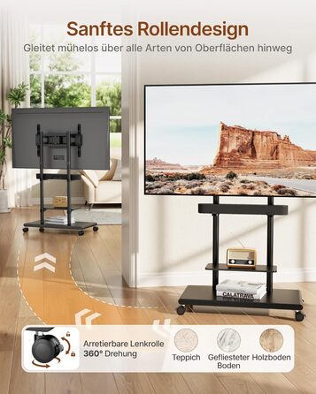 Підставка для телевізора на колесах з кріпленням для саундбару, 50-90 дюймів, до 70 кг, регульована висота та нахил, MAX VESA 600x400 мм