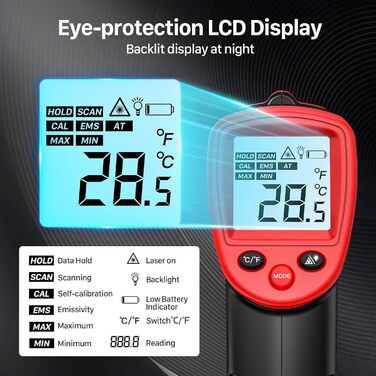 Інфрачервоний термометр Eventek -50°C до 600°C з лазером та LCD дисплеєм. Безконтактний вимірювач температури для піци, гриля, приготування їжі та промисловості. Регульований коефіцієнт випромінювання (Не для вимірювання температури тіла). Червоний колір.