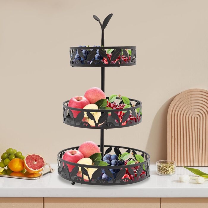 Багатоярусна підставка для фруктів Susoso, 3 яруси, чорна, 28.5x46.5 см