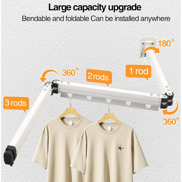 Висувна сушарка для одягу, 3-секційна, настінна штанга для одягу 126 см, економна, складана сушарка з гачками, для балкону, прання, ванної кімнати, білий, молочно-білий