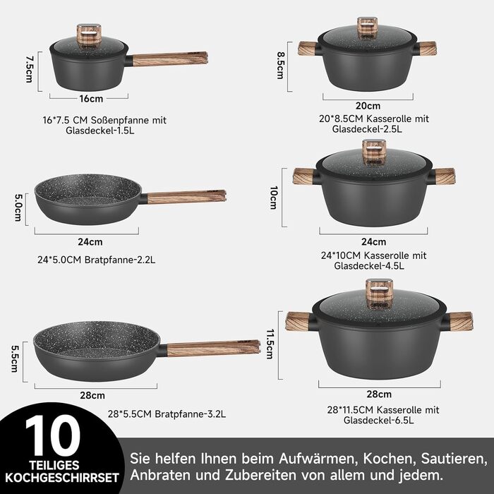 Набір каструль HOMELUX 10 частин з нержавіючої сталі, індукційне дно, з кришками, чорний