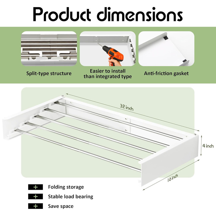 Настінна сушилка для білизни розкладна та складна, з алюмінію, 100 кг, з білими гачками