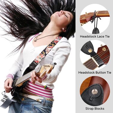 Гітарний ремінь Amumu з бавовни з вишивкою троянд та шкіряними кінцями для бас, електро та акустичної гітари, з фіксатором та блоками для ременя