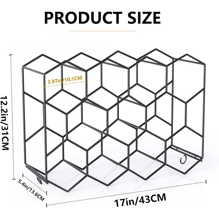Urban Deco Wine Rack for 14 Bottles made of Metal, Bottle Rack Black with 2 Hooks for 2 Wine Glasses, Small Wine Rack for Kitchen, 43 x 13.6 x 31 cm