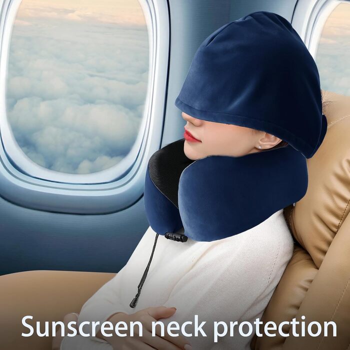 Подушка для шиї Memory Foam | Подушка для подорожей в літак з 95% захистом від світла, регульована, для офісу та сну на боці (Темно-синій)