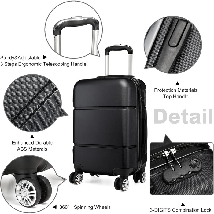 Чемодан ручної поклажі KONO з жорсткою оболонкою, на колесах, 55x38x22 см, 33 літри, ABS, чорний