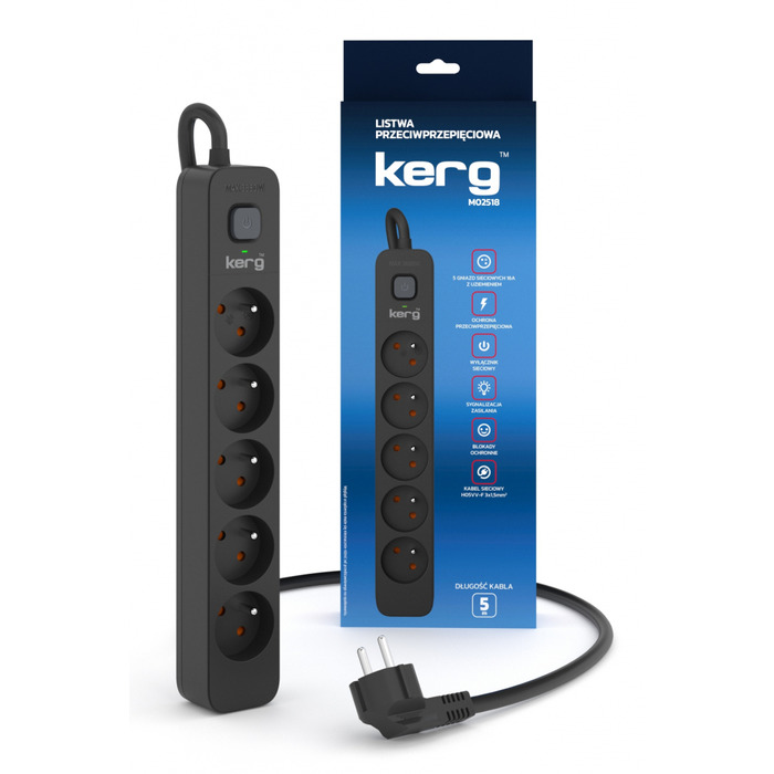 Мережевий фільтр Kerg M02518, 5 гнізд, 5м, чорний, 3×1,5мм²