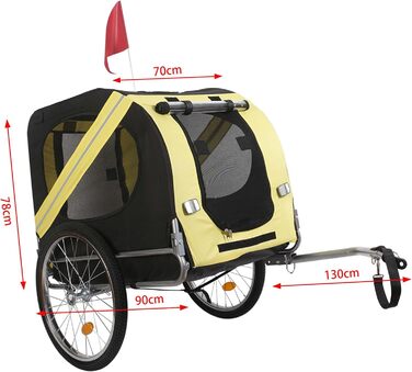 Причіп для собак Wiltec 220x700x78 см з безпечною муфтою, причіп для вантажів з москітною сіткою та захистом від дощу (чорний / жовтий)