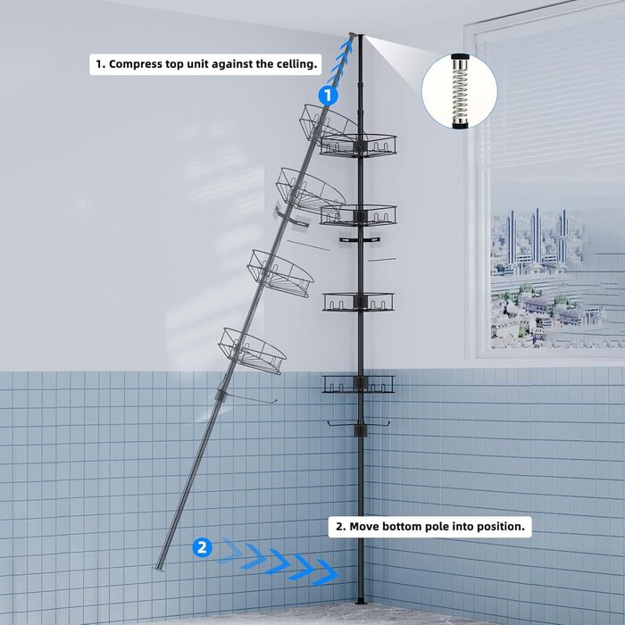 Bomclap Telescopic Shower Shelf with 4 Baskets and 1 Towel Holder, Shower Shelf No Drilling Required, Height Adjustable 149-276cm for Shower and Bathtub, Black