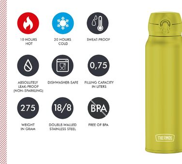 Термос THERMOS Ultralight 0,5 л, нержавіюча сталь, зберігає тепло 10 год / холод 20 год, герметичний, для води, чаю, 750 мл (Glowing Green)