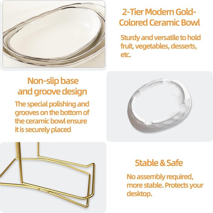 MEESOGA Багатоярусна фруктова тарілка з кераміки на 2 яруси - порцелянова фруктова тарілка з металевим підставкою для кухні. Підходить для фруктів, овочів, закусок та солодощів.
