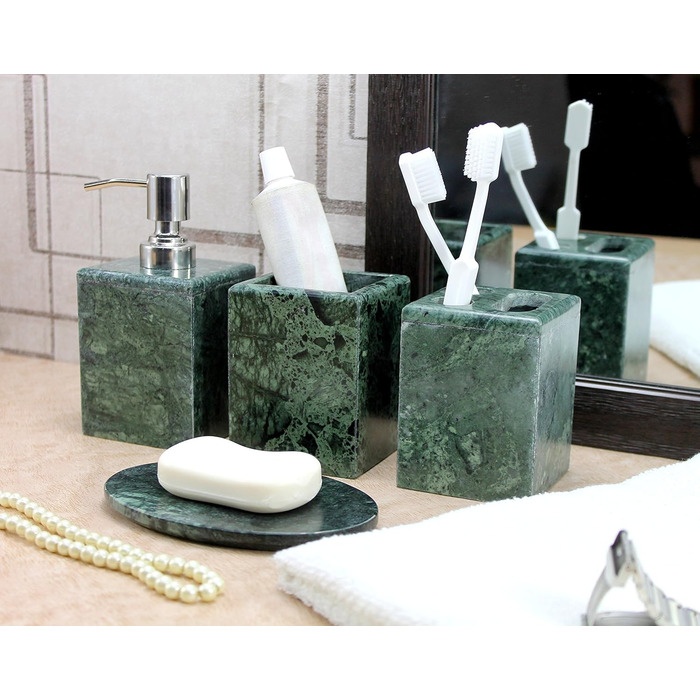 KLEO Luxury 4-Piece Bathroom Accessory Set | Includes Liquid Soap or Lotion Dispenser with Stainless Steel Pump, Toothbrush Holder, Cup, Soap Dish - Bath Set/Bathroom Accessories (Green)