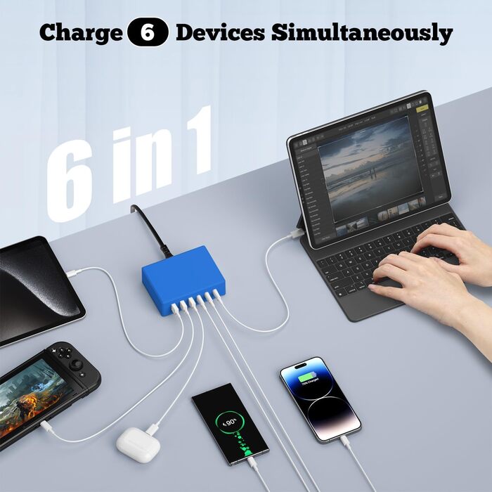 Зарядний пристрій USB-C 120W GaN, багатопортова станція 6 портів для iPhone/Samsung/Google/планшетів, синій