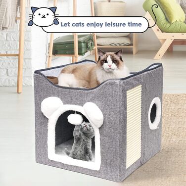 Складане будиночок для котів, великий, з когтеточкою та плюшевою кулькою (сірий)