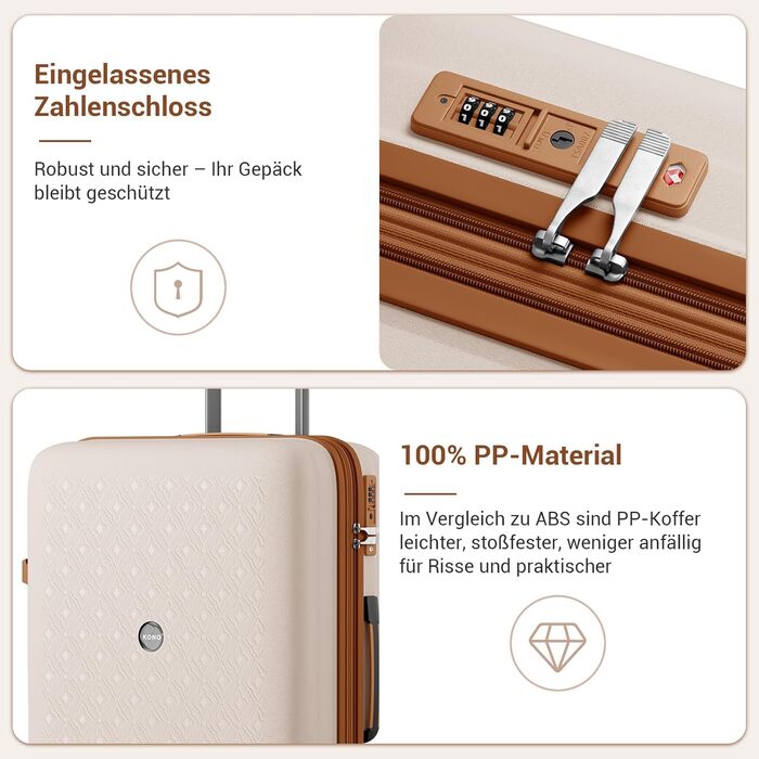 Великий валіза KONO з підсклянником, жорсткий корпус, легкий, поліпропілен, розширюваний, 4 колеса, TSA-замок, чорний/коричневий (кремовий/коричневий), XL