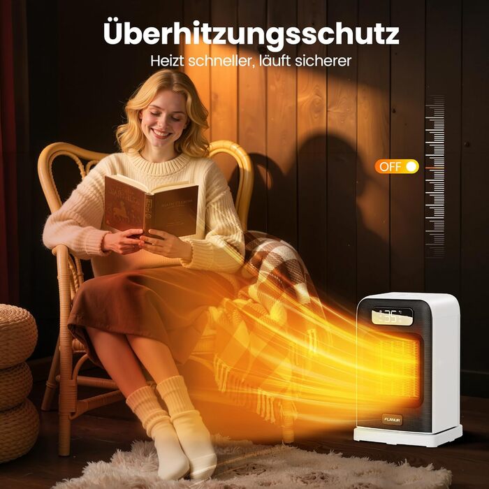 Портативний обігрівач FLANUR з термостатом, 1500W, PTC-керамічний, швидкий нагрів та ECO-режим. 2-в-1 обігрівач, цифровий дисплей, таймер на 12 годин, тихий (до 35dB), білий, 1 шт + 2 режими