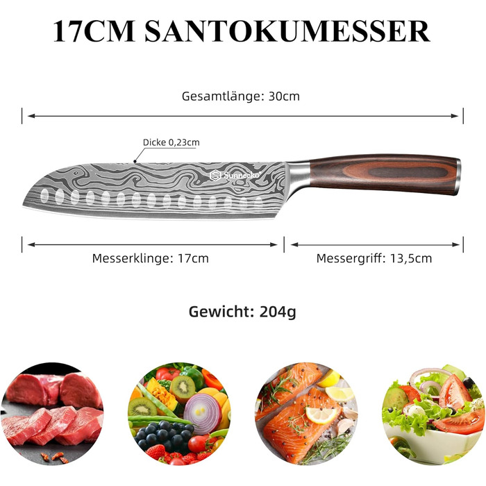 Японський ніж Sunnecko Santoku 17см - професійний кухонний ніж для приготування їжі, ніж шеф-кухаря, ніж для овочів та м'яса