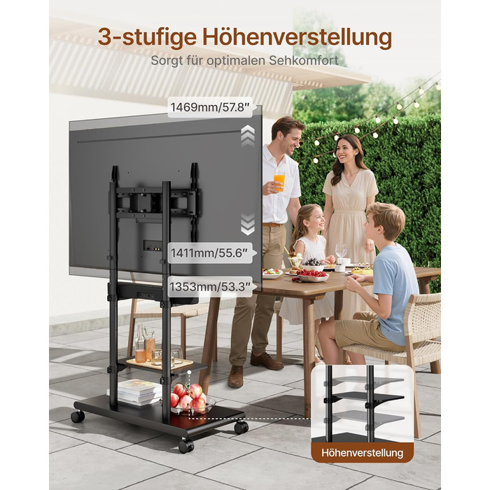 Підставка для телевізора на колесах з кріпленням для саундбару, 50-90 дюймів, до 70 кг, регульована висота та нахил, MAX VESA 600x400 мм