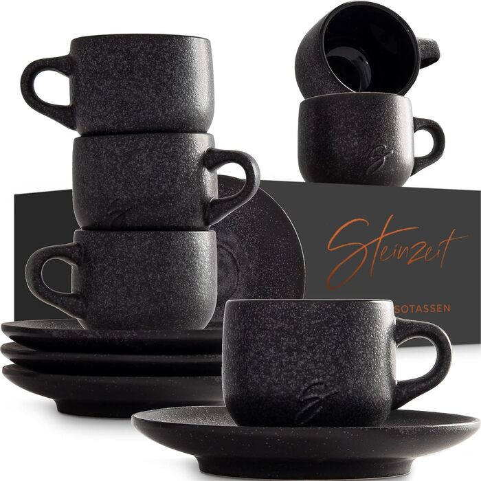 Stone Age Design Espresso Cups (6x80ml) - Espresso Cup Set with matching saucers - Espresso coffee cups made from 100% handmade - stackable cappuccino cups in black