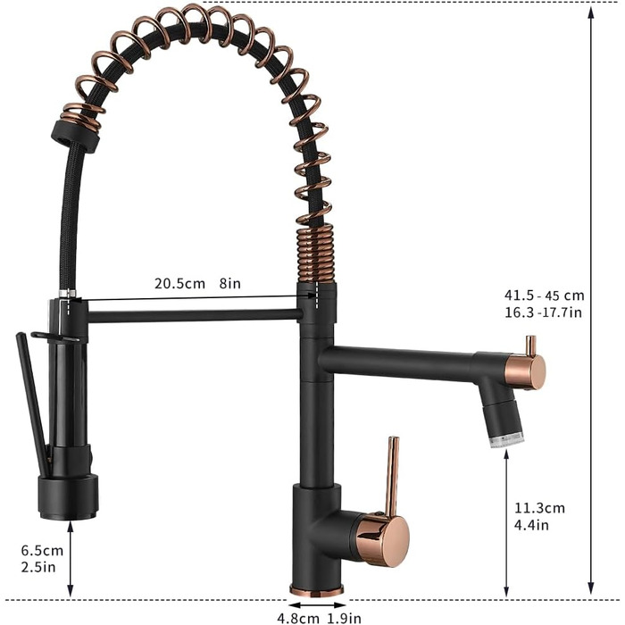 Змішувач кухонний AIMADI LED з витяжкою, поворотний 360°, чорний/рожеве золото