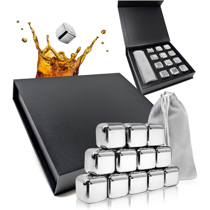Камені для віскі Com-Four® з нержавіючої сталі - подарунчий набір (12 шт.) з мішечком та коробкою