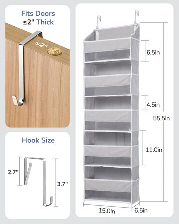 Органайзер для дверей ULG з 5 великими та 10 сітчастими кишенями, вантажопідйомність 20 кг, для спальні, ванної, кухні (сірий)