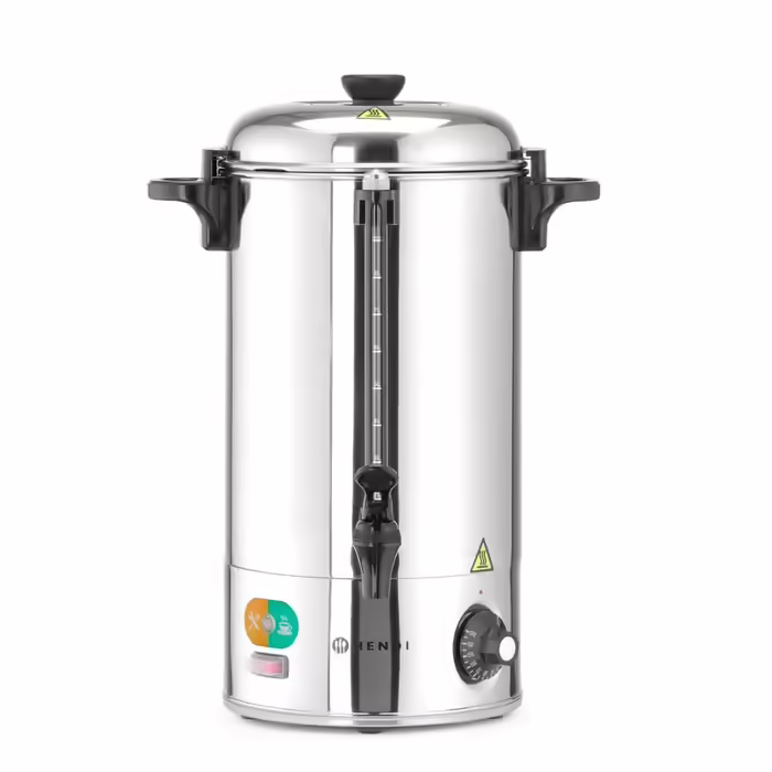 HENDI Hot Beverage Dispenser, Single-Walled, for Mulled Wine and Boiling Water (not for hot chocolate), Temperature continuously adjustable 94-99°C, Dry-boil protection, 9L, 230V, 2200W, 340x227x(H)468mm, Stainless Steel