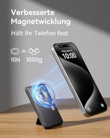 Power Bank INIU 5500mAh 20W з USB-C (вхід/вихід), магнітний акумулятор з підставкою для iPhone 16/15/14/13/12 Pro Max Mini, чорний