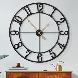 Maxstar Modern Roman Numeral Large Wall Clocks, Non-Ticking Round Metal Silent Vintage Wall Clock for Living Room, Kitchen, Bedroom, Garden Decor-Gold (Black Arabic, 80CM)