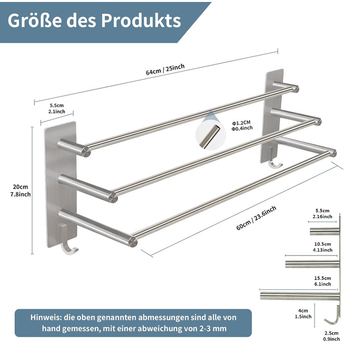 Тримач для рушників Vista з 3-ма перекладинами без свердління, нержавіюча сталь SUS304, сріблястий, з двома гачками, 60 см