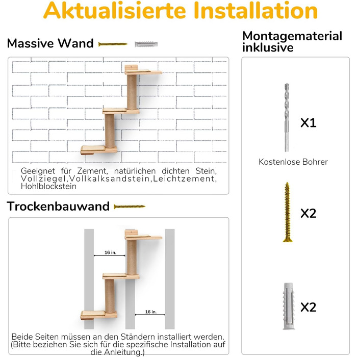 Cat Climbing Wall, Cat Shelves made of Solid Rubberwood and Jute, 3-in-1 Transformable Cat Scratching Post Wall Mounted, DIY Cat Wall/Platform, Suitable for Cats to Climb, Play, and Scratch