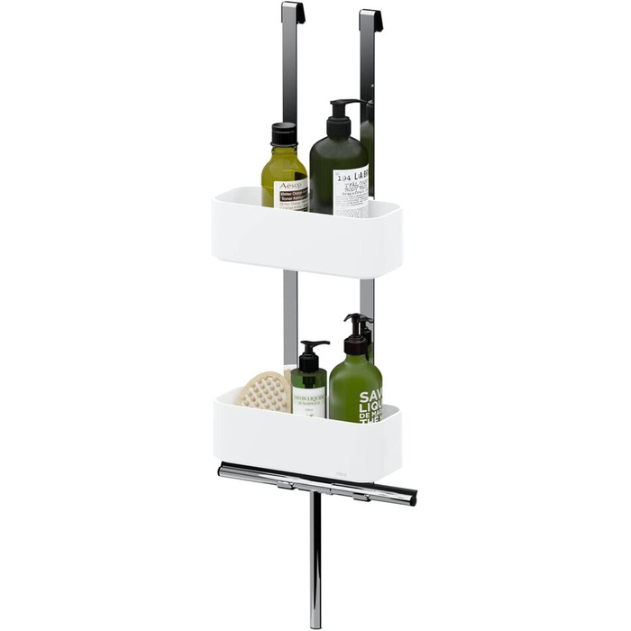 Tiger 2-Tier Shower Caddy, Shower Shelf without Drilling, for Hanging on the Shower Wall, Shower Shelf with Storage for Shower Gel & Co., with Integrated Hook, Stainless Steel, Plastic, Color: White