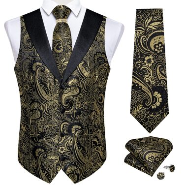 Костюмний жилет DiBanGu (5 шт.): жилет, краватка, нагрудна хустинка, запонки, кільце для краватки. Зелений/Чорний (L, Золото/Чорний)