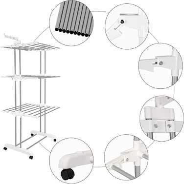 Foldable stainless steel clothes rack with wheels, portable, for indoor and outdoor use, white/gray