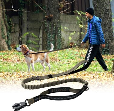 Міцна тактична повідка для собак з карабіном швидкого закриття та світловідбиваючими нитками, 1,2-1,8 м, Power-Stretch, для середніх та великих собак (армійний зелений та чорний)