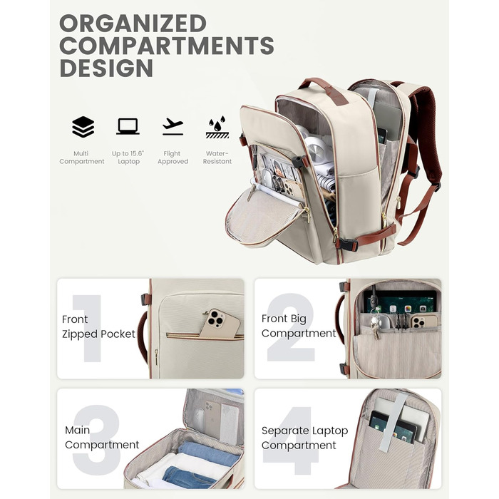LOVEVOOK Рюкзак для ручної поклажі, 40L, для подорожей, ділових поїздок, валіза-рюкзак, водонепроникний, для ноутбука 17 дюймів, рюкзак для подорожей, кемпінгу, вихідних Beige+braun-30l