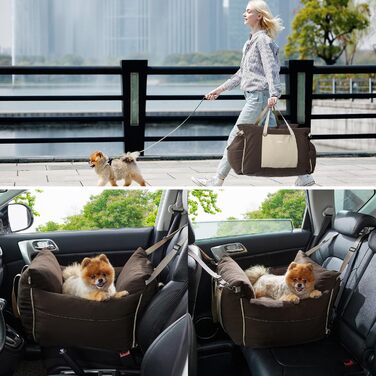 Pet Car Seat for Small Dogs - Waterproof and Washable Dog Car Seat with Storage Pockets, Detachable Safety Leash, and Thickened Memory Foam Filling, 58x56x33cm, (Brown)