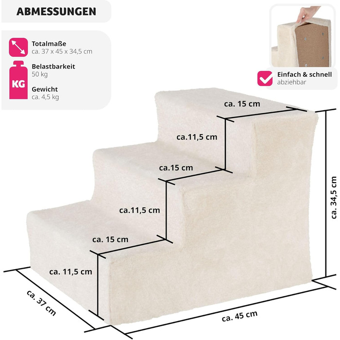 Сходинка для тварин tectake®: для собак та котів, допомога у підйомi, знімний чохол, плоскі сходинкі, для софи, ліжка, авто (7 x 45 x 4,5 см)