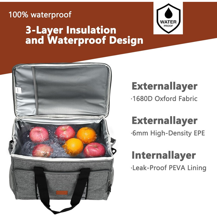 Термосумка 35L для пікніка та обідів: ізольована, водонепроникна, для кемпінгу, пляжу та BBQ