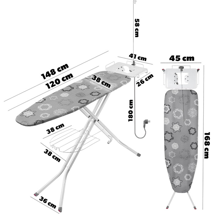 КADAX Складане прасувальне щитове поле, 120x38 см з розеткою, регульоване по висоті, сірий колір