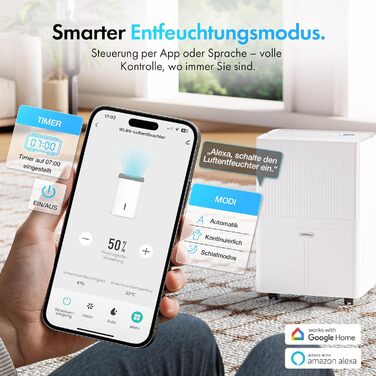 Електричний осушувач повітря VonHaus 20л/24г з Wi-Fi, для підвалу та кімнат до 20м², з таймером та шланг для зливу, сумісний з Alexa & Google Home
