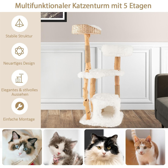 Дерев'яна кігтеточка SOARS для котів з 3 природними стовбурами, ліжком та плюшевими поверхнями, з іграшковим м'ячиком та джутовим мотузком, багатоповерхова, біла (124 см)