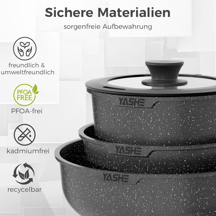 Набір кухонного посуду YASHE 15 предметів: каструлі та сковорідки з гранітно-посудовій поверхні, знімні ручки, складаний, легко миється, сумісний з індукцією, газом та склокерамікою, білий (сірий)