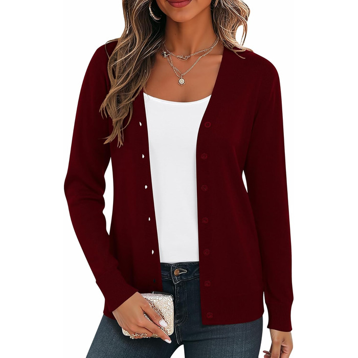 Жіноча легка в'язана жилетка з довгим рукавом, в'язаний пуловер з V-подібним вирізом, вінтажна класична жилетка на ґудзиках (L, Бордовий)