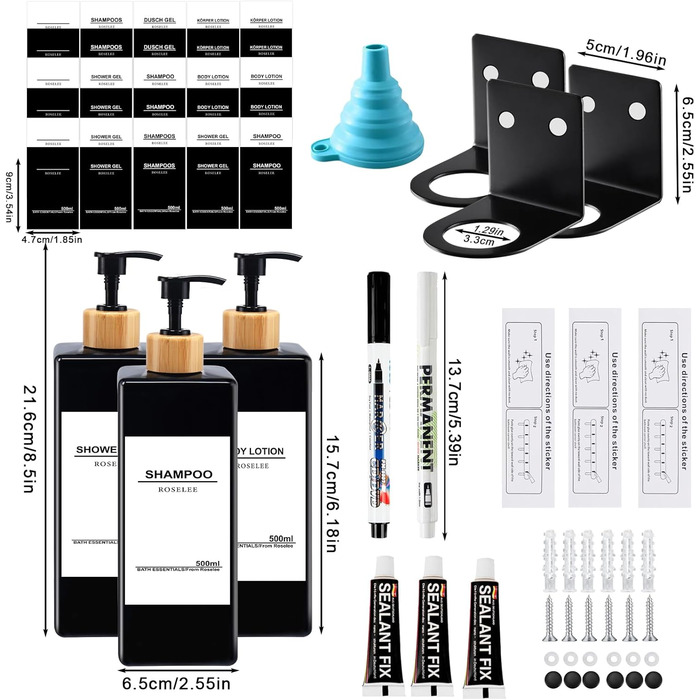 Настінний дозатор для мила Roselee (3 шт.), 500 мл - для ванної кімнати, без свердління, для шампуню, гелю для душу, з етикеткою (Чорний-3)