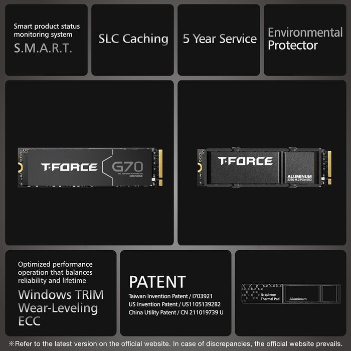 TEAMGROUP T-Force G70 Pro 1TB SSD NVMe PCIe Gen4x4 M.2 2280 з графеновим охолодженням для геймінгу (5000/4500 MB/s, сумісний з PS5)