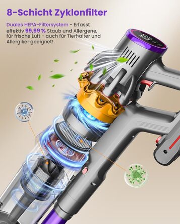 Бездротовий акумуляторний пилосос MAUOKE 45000Pa з LED-дисплеєм та V-подібною насадкою, 6-в-1 для дому, килимів, твердих поверхонь та видалення шерсті тварин