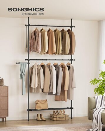 SONGMICS Telescopic Rod Clothes Rack, 3-Tier Wardrobe, Height and Width Adjustable, Open Closet with 2 Clothes Rods and Removable Shelf, Gripper Arm, Matte Black HSR136B01