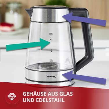 Електричний чайник MPM MCZ-120 1.5L з подвійними стінками, регулюванням температури 40–100°C, нержавіюча сталь, 2200W, тихий, швидкий, сенсорні кнопки, легкий та елегантний, білий (прозорий)