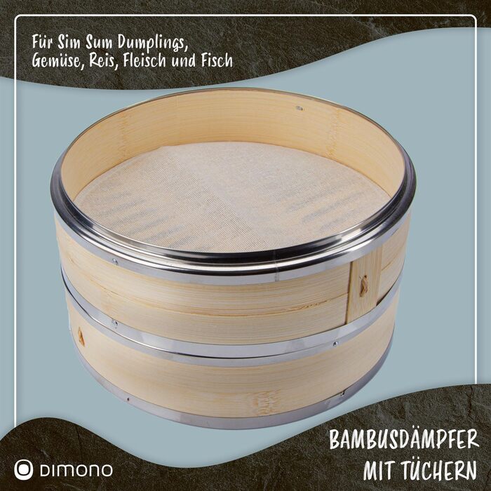 Паровар Dimono® з бамбуком та нержавіючою сталлю, 2 яруси, бамбуковий паровар з кришкою, кошик для приготування рису, сумо, пельменів, овочів, м'яса та риби (діаметр 24 см)